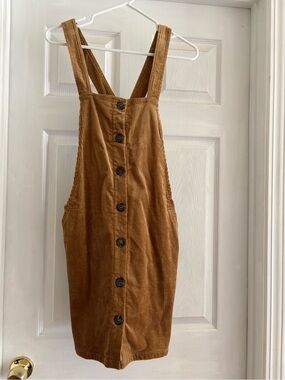 Love Tree Corduroy Button-Front Mini Pinafore Dress in Camel Brown